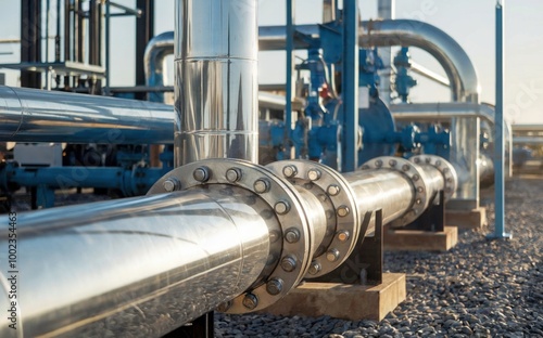 steel long pipes in crude oil factory during sunset. gas oil pipeline background