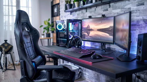 A stylish minimalist gaming setup featuring dual monitors, RGB lighting, and ergonomic chair in a modern home office during daylight