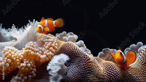 A vibrant underwater scene featuring two orange clownfish swimming among colorful, textured sea anemones against a dark background. 