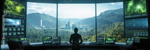 A climate change analyst monitors real-time data in a futuristic control room with green landscapes and eco-friendly cities visible. Generative AI