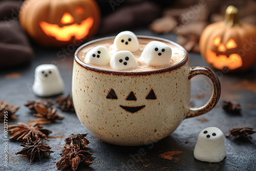 A festive Halloween pumpkin mug filled with rich hot chocolate and topped with ghost-shaped marshmallows sits on a decorated table with colorful fall leaves and spooky decorations all around