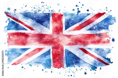 A Vibrant Watercolor Depiction of the British Flag With Splashes of Blue and Red on a Textured Background