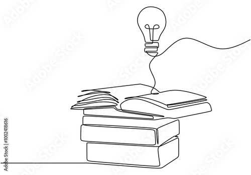 One line drawing of a light bulb on books. Combining illumination and education.