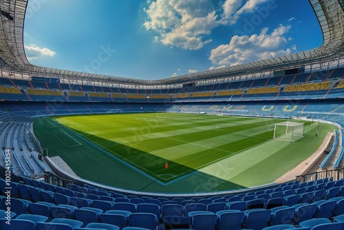 Panoramic view of soccer stadium with empty seats on rich green grass. Concrete stadium stands tall outdoors. Stadium seats row after row for large crowd. Sporty atmosphere on daylight.