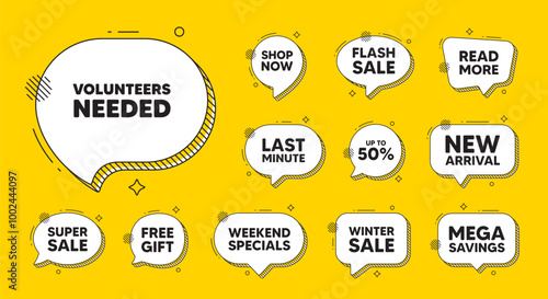 Offer speech bubble icons. Volunteers needed tag. Volunteering service sign. Charity work symbol. Volunteers needed chat offer. Speech bubble discount banner. Text box balloon. Vector