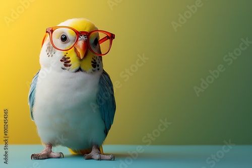 A budgie wearing red glasses stands on a blue surface against a yellow and green gradient background.