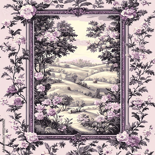 A Toile de Jouy inspired seamless pattern with detailed pastoral scenes and intricate floral motifs in a repeating design