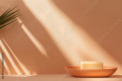 handmade soap in a soap dish, against a peach pink background, contrasting light