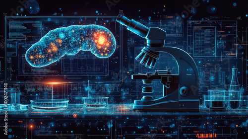  A digital artwork depicting an advanced microscope with glowing screens, suspended above the scene is a nuclear-powered sun emitting orange light. Created with Ai