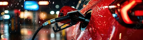 Close-up of a fuel pump nozzle filling a red car, illuminated by city lights in the background.