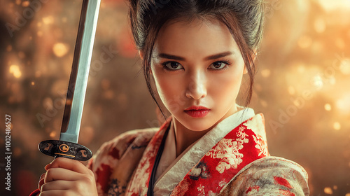 鋭い目つきで刀を構えている和服を着たクールな日本人の女性 Cool Japan woman in kimono holding a sword