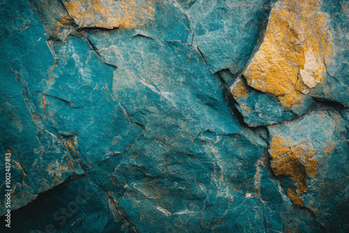 Textured blue and gold rock surface showcasing natural mineral patterns in sunlight