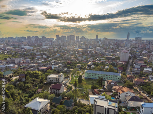 Drone view of Batumi on houses on the non-first coastline from the sea