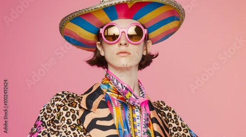 Vibrant fashion: bold patterns and colorful accessories on pink background.