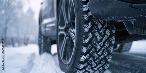 Winter driving with all-terrain tires on a snowy road in a quiet forest area