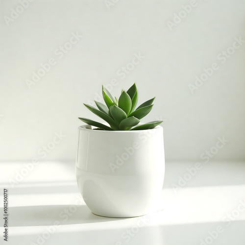 Small white plant in a white pot sits on a white table