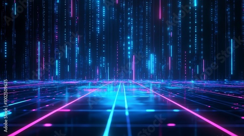 Futuristic neon digital grid with glowing lines and particles, creating an immersive technology landscape.