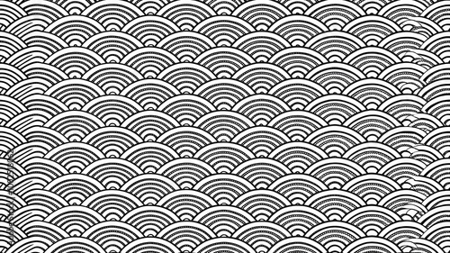 Japanese black and white wave seamless pattern, abstract traditional Asian style concept background, Black and white overlapping repeating circles background.