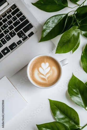 coffee and laptop on a white table