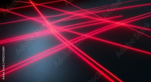 Bright red laser beams crisscrossing in zigzag patterns over a flat black surface giving an electrifying feel