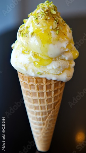 a waffle cone with whipped cream and pistachio topping