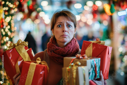 Stressed woman is holding many christmas presents while shopping in a crowded mall