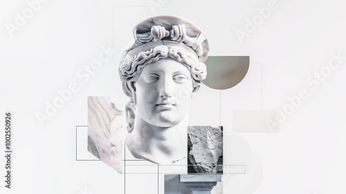 Marble bust combined with geometric shapes and textures, blending classical sculpture with modern design elements. Concept of art fusion, contemporary visual storytelling, and creative interior decor