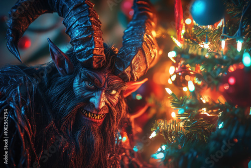 Scary krampus figure with horns is smiling near a decorated christmas tree