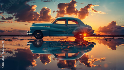 A vintage car parked with the sunset reflecting off its surface