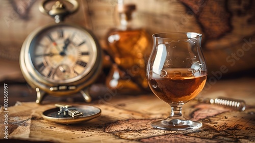 Vintage Brandy Glass and Pocket Watch on Old Map Evoking Adventure