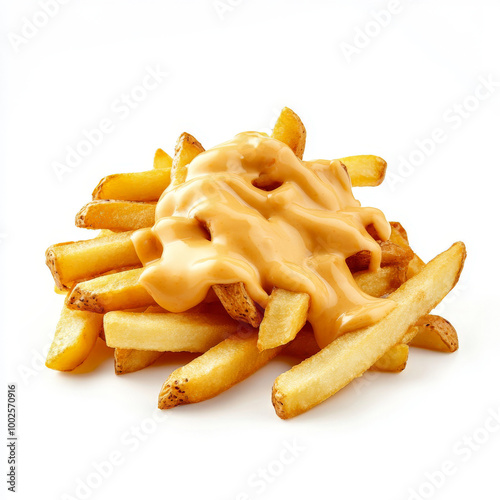 Tasty French Fries with Cheese Sauce on a White Background. Perfect Snack Time Treat