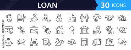 Loan set of web icons in line style. Loan and Credit linear icon collection. Containing loan, money, credit rating, business, leasing, interest, calculator, income, banking and more. Editable stroke