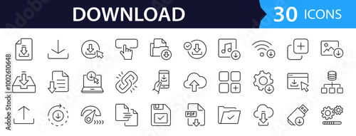 Download set of web icons in line style. Upload and Download linear icon collection. Containing arrow, link, folder, download file, cloud storage, web button. Editable stroke