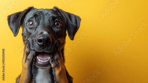 A lively dog displays a shocked expression with a bright yellow background