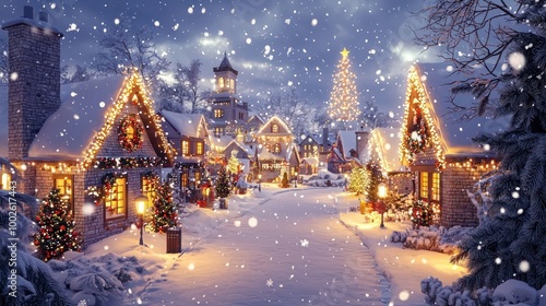 Snowy Christmas village scene with twinkling lights and beautifully decorated houses