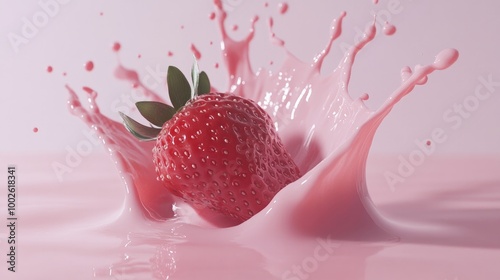 A strawberry splattering into a pale pink beverage