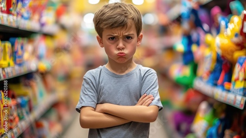 A young boy with crossed arms, looking upset in a toy store aisle, standing with a pout on his face expression