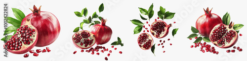 set of A pomegranate cut in half and seeds scattered, surrounded by green leaves, png file, green leaves, half cut pomegranate, cut part, pomegranate, on a transparent backgrounds