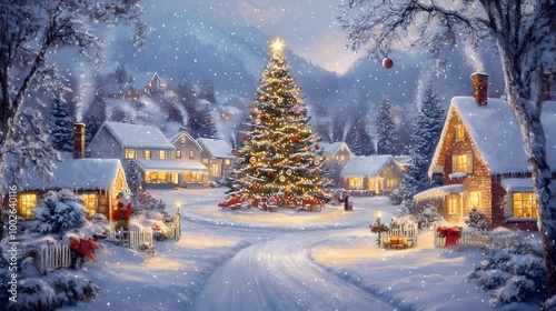 A snowy village scene with a large Christmas tree in the center, surrounded by warmly lit homes and holiday decorations