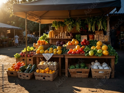 Sunlit market stall filled with fresh produce and golden light.