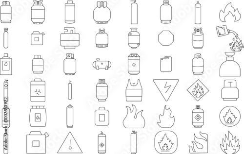 Gas cylinder Bottle icon set for logo and T-Shirt. Thin line art editable stroke.