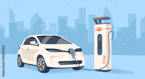 Electric car charger. Ev on charge station parking, hybrid vehicle charging energy fuel future technology eco auto recharge ecology electrical refuel, neat vector illustration