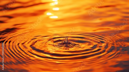 A captivating close-up of a water droplet creating ripples on an orange sunset surface, evoking tranquility and beauty.