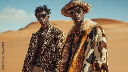 Stylish men in animal print coats posing in desert, fashion editorial photo