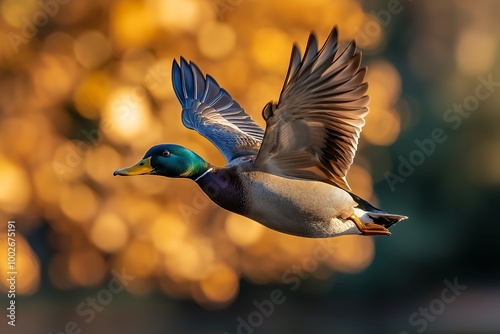 A mallard duck in flight against a blurred background of golden bokeh.