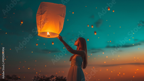 Young woman releasing a sky lantern into the night sky