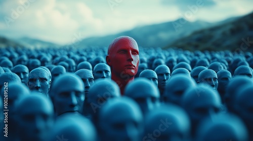 A man in a red face stands out in a crowd of blue faces