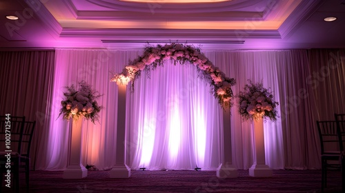 Luxurious and Opulent Wedding Arch Backdrop Enhanced with Captivating Lighting Accents and Ornate Floral Garlands Creating a Magical and Celebratory Atmosphere