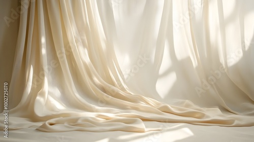 Elegant fabric drape with soft flowing folds in neutral tones creating a calm and serene studio background perfect for product shots fashion photography or minimalist design