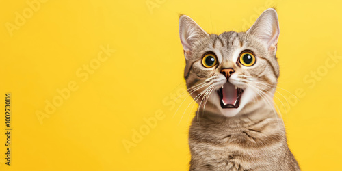 Cat looking surprised, reacting amazed, impressed or scared over solid yellow background.